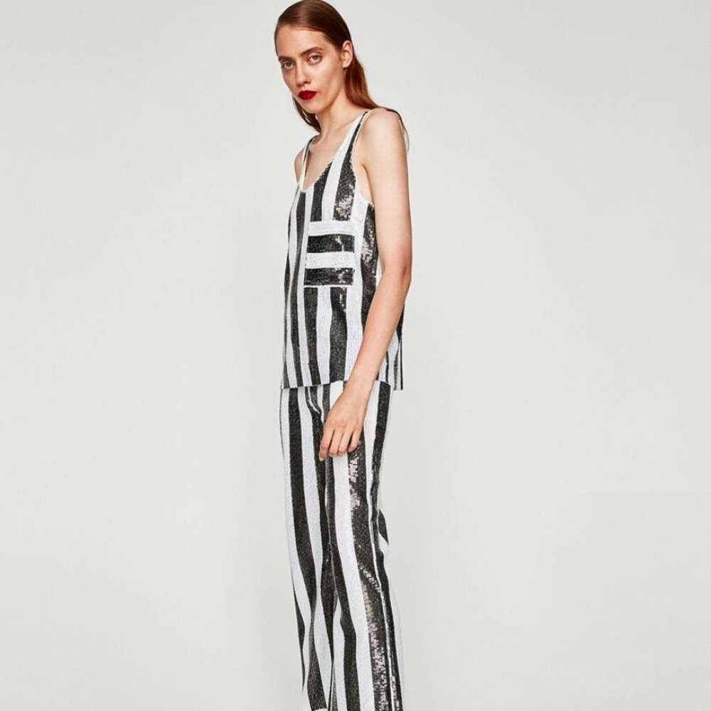 Zara Black and White Sequin Top